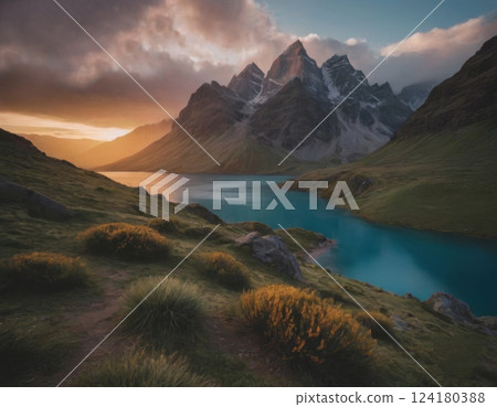 Mountains and river, autumn landscape. Mountains and river, autumn landscape. 124180388