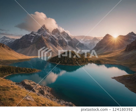 Mountains and river, autumn landscape. Mountains and river, autumn landscape. 124180392