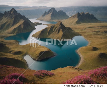 Mountains and river, autumn landscape. Mountains and river, autumn landscape. 124180393