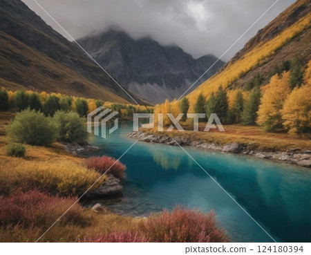 Mountains and river, autumn landscape. Mountains and river, autumn landscape. 124180394