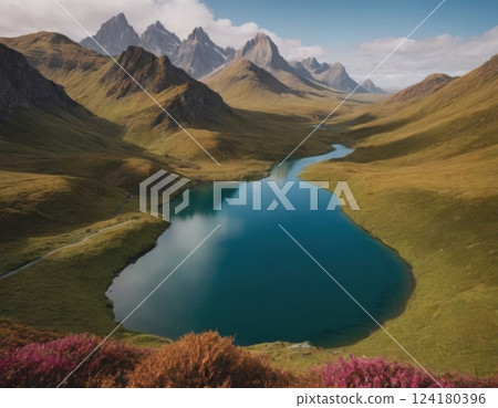 Mountains and river, autumn landscape. Mountains and river, autumn landscape. 124180396