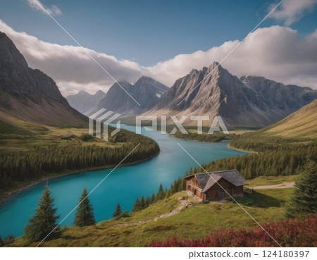 Mountains and river, autumn landscape. Mountains and river, autumn landscape. 124180397