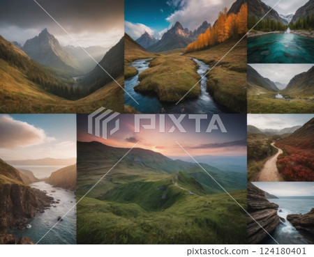 Collage of beautiful mountain landscapes. 124180401