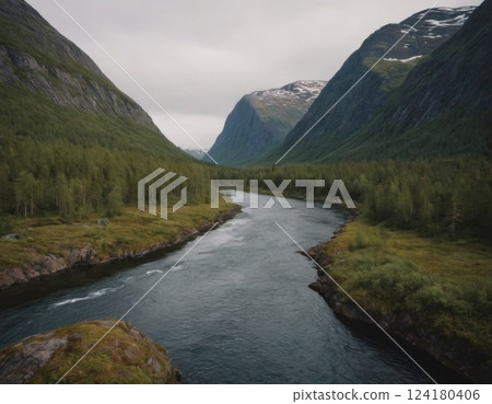 Mountains and river, autumn landscape. Mountains and river, autumn landscape. 124180406