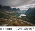 Mountains and river, autumn landscape. 124180407