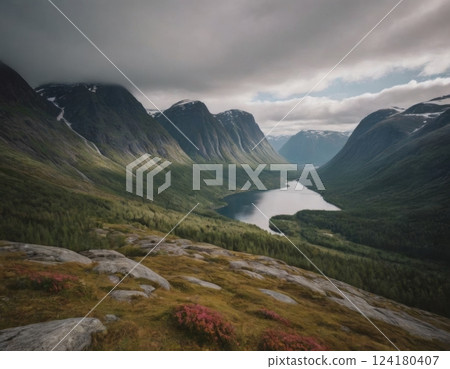 Mountains and river, autumn landscape. 124180407