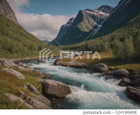 Mountains and river, autumn landscape. 124180408