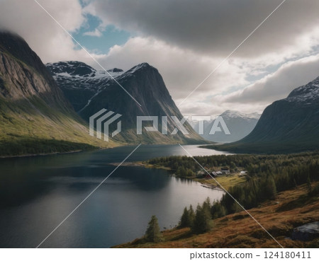 Mountains and river, autumn landscape. 124180411