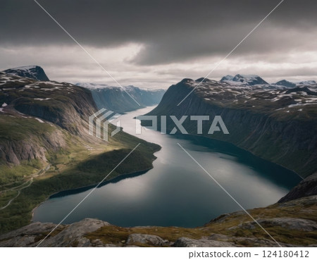 Mountains and river, autumn landscape. 124180412