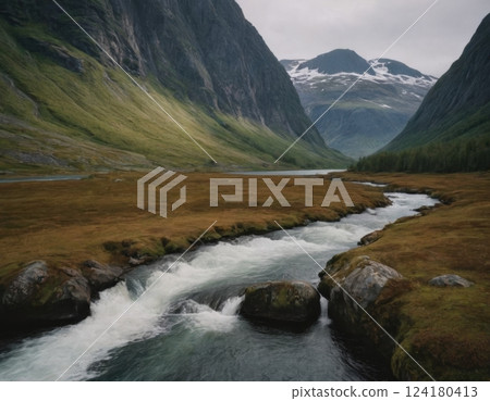 Mountains and river, autumn landscape. 124180413