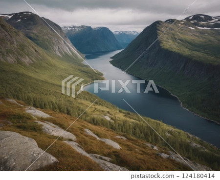 Mountains and river, autumn landscape. 124180414