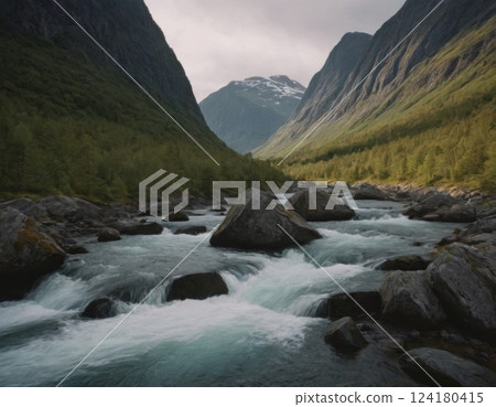 Mountains and river, autumn landscape. 124180415