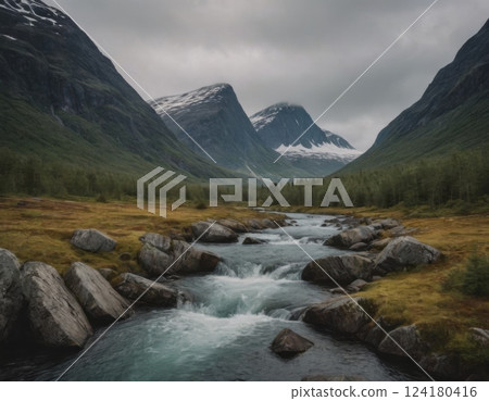 Mountains and river, autumn landscape. 124180416