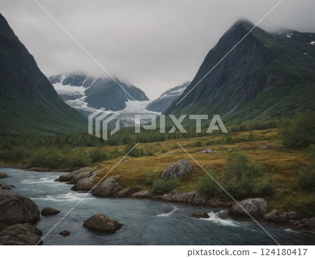 Mountains and river, autumn landscape. 124180417