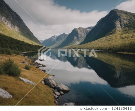 Mountains and river, autumn landscape. 124180418