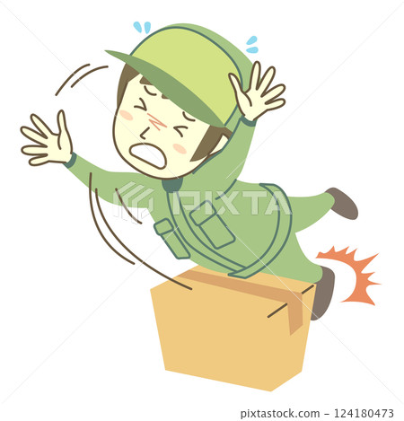 A male delivery man trips over a cardboard box and falls A male delivery man trips over a cardboard box and falls 124180473