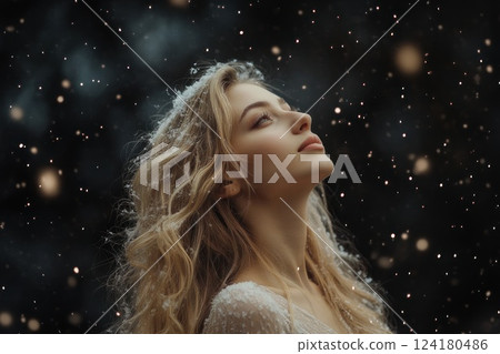 Beautiful blonde woman with long, curly hair in a nightdress standing under a snowfall. Beautiful blonde woman with long, curly hair in a nightdress standing under a snowfall. 124180486