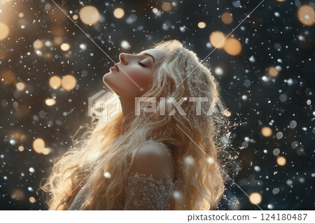 Beautiful blonde woman with long, curly hair in a nightdress standing under a snowfall. 124180487