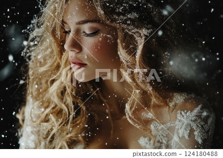 Beautiful blonde woman with long, curly hair in a nightdress standing under a snowfall. Beautiful blonde woman with long, curly hair in a nightdress standing under a snowfall. 124180488