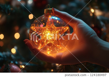 Hand holding a star shaped glowing ball with lights and a bokeh background. Hand holding a star shaped glowing ball with lights and a bokeh background. 124180497