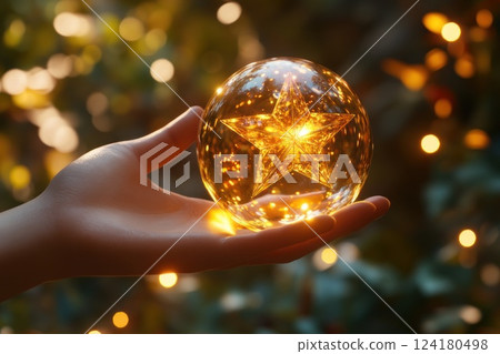 Hand holding a star shaped glowing ball with lights and a bokeh background. Hand holding a star shaped glowing ball with lights and a bokeh background. 124180498