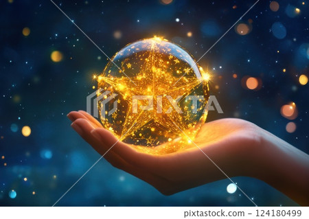 Hand holding a star shaped glowing ball with lights and a bokeh background. 124180499