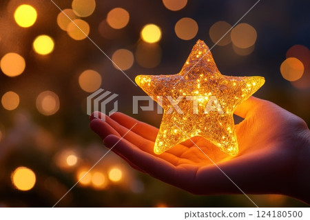 Hand holding a star shaped glowing ball with lights and a bokeh background. 124180500