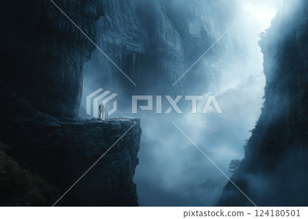 A lone adventurer standing at the edge of an ancient mist covered canyon. 124180501