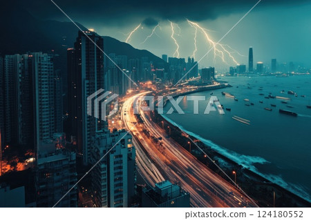High angle view of lightning over a cityscape with flowing traffic at night. High angle view of lightning over a cityscape with flowing traffic at night. 124180552