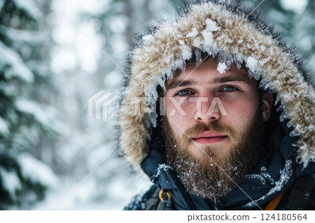 Young man in winter with fur and hood posing for the camera. Young man in winter with fur and hood posing for the camera. 124180564
