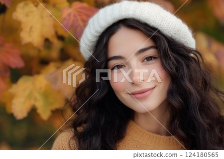 Portrait of a beautiful young woman wearing a white beret and casual smiling at the camera. Portrait of a beautiful young woman wearing a white beret and casual smiling at the camera. 124180565
