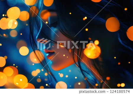A beautiful woman with long hair surrounded by glowing lights and bokeh effects. 124180574