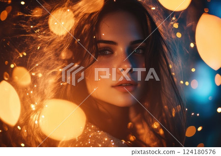 A beautiful woman with long hair surrounded by glowing lights and bokeh effects. A beautiful woman with long hair surrounded by glowing lights and bokeh effects. 124180576