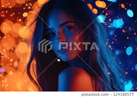 A beautiful woman with long hair surrounded by glowing lights and bokeh effects. A beautiful woman with long hair surrounded by glowing lights and bokeh effects. 124180577