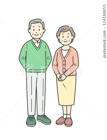 A full-body illustration of an elderly couple standing side by side 124180653