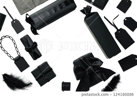 PNG, Black Friday. Only black packages isolated on white background. 124180886