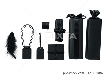 PNG, Black Friday. Only black packages isolated on white background. PNG, Black Friday. Only black packages isolated on white background. 124180887