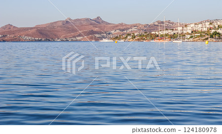 Blue sea, boats, mountains and islands on the Aegean coast. Summer vacation and coastal nature concept 124180978