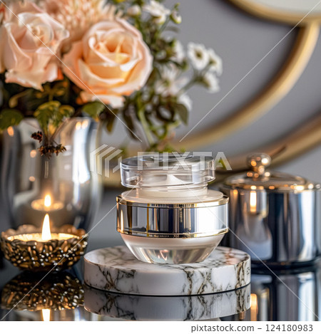 Cosmetic cream in a glass jar. Skin care concept. Background for beauty products 124180983