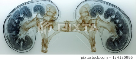 X-ray image showing anatomical details of human kidneys and skeletal structure 124180996