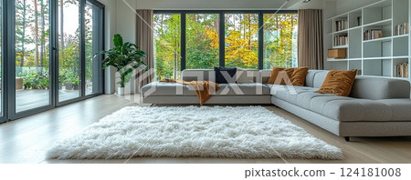 Modern living room with large windows and a cozy white carpet Modern living room with large windows and a cozy white carpet 124181008