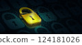 Padlock virus with threat of hacker on Binary background. Online data security system and network cyber security technology. Cybersecurity, managed services, identity, information privacy Concept. 124181026