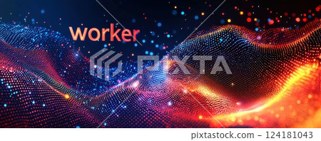 Abstract wavy grid with vibrant particles forming a digital landscape 124181043