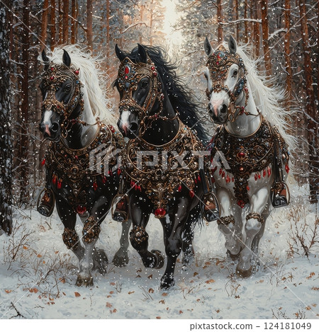 Three majestic horses adorned with ornate decorations in a snowy forest setting 124181049