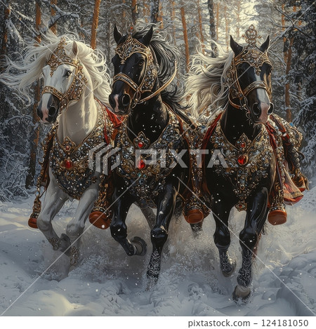 Three majestic horses adorned in ornate decoration galloping through a snowy forest 124181050