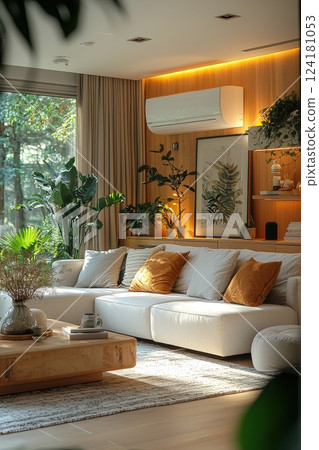 Modern Living Room with Air Conditioner and Cozy Interior Design 124181053