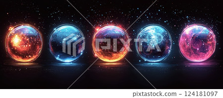Futuristic glowing spheres in dynamic digital style over a dark background 124181097