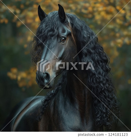 Portrait of an elegant black horse with long curly mane in nature 124181123