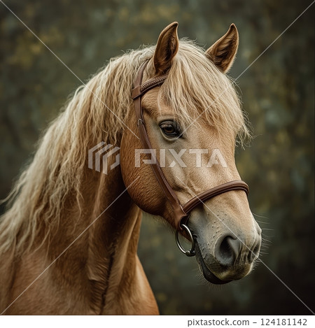 Portrait of a majestic golden horse with a bridle on a soft background 124181142