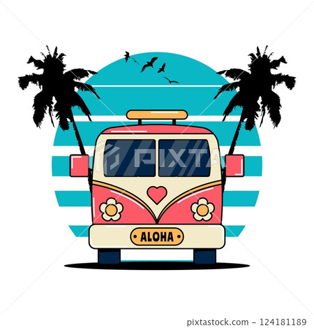 Vintage bus with palm trees and birds. Flat hippie van design for tshirt and other. Summer tourist bus, family travel. Retro vector illustration isolated on white background 124181189